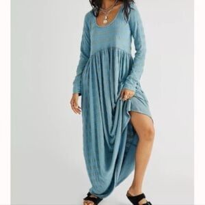 Free People Colette Cozy Knit Stripe Maxi Dress, Blue, X-Small, RRP $128